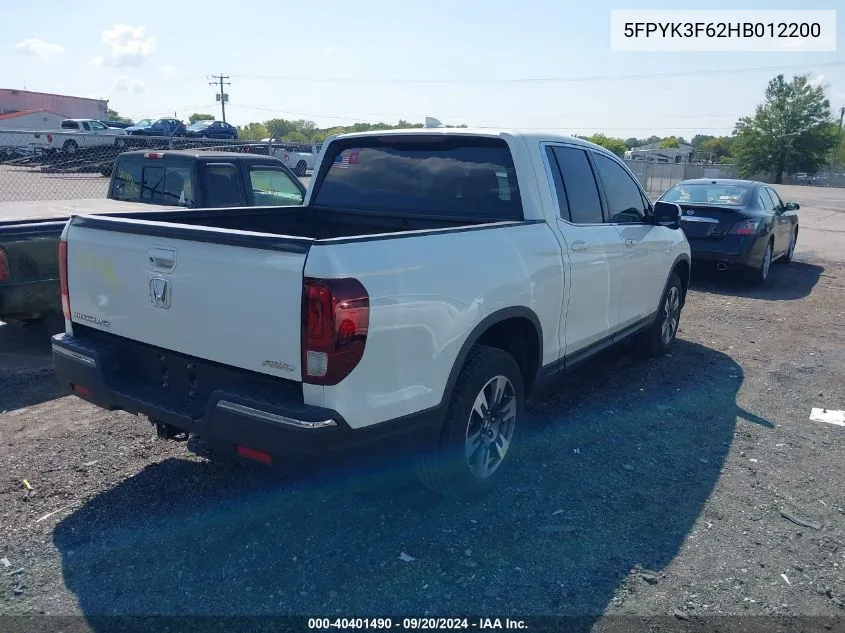 2017 Honda Ridgeline Rtl-T VIN: 5FPYK3F62HB012200 Lot: 40401490