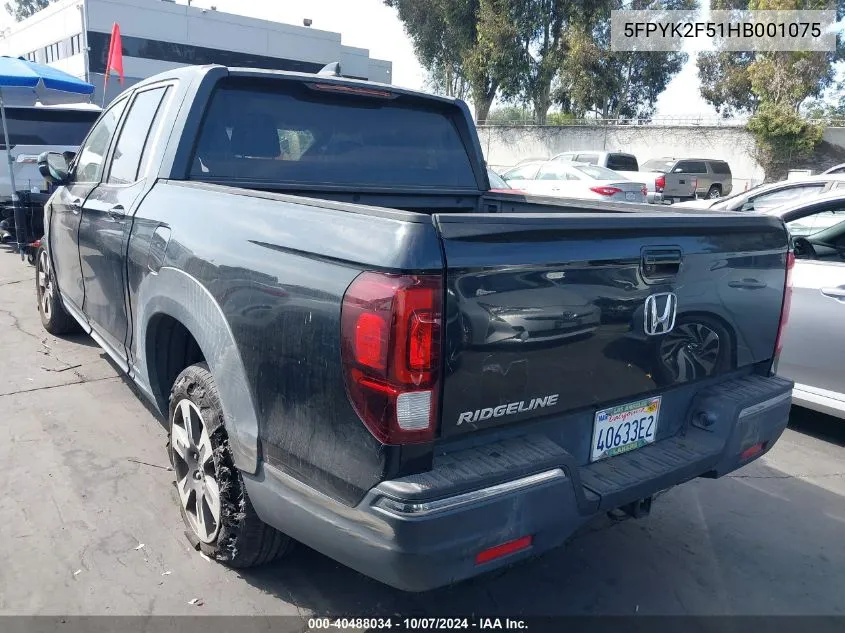 2017 Honda Ridgeline Rtl VIN: 5FPYK2F51HB001075 Lot: 40488034