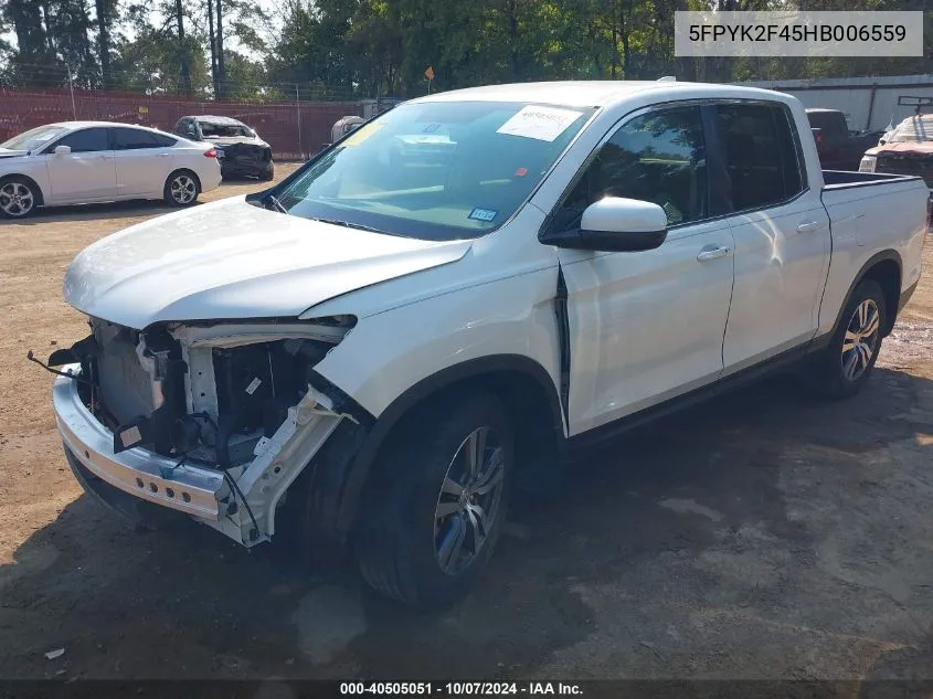 2017 Honda Ridgeline Rts VIN: 5FPYK2F45HB006559 Lot: 40505051