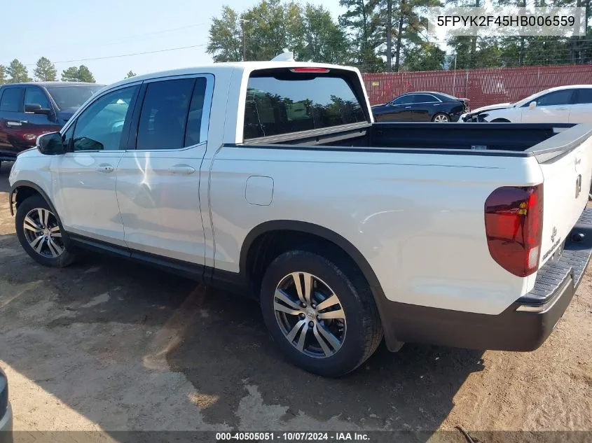 2017 Honda Ridgeline Rts VIN: 5FPYK2F45HB006559 Lot: 40505051