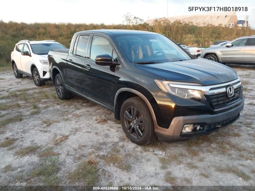 2017 Honda Ridgeline Sport VIN: 5FPYK3F17HB018918 Lot: 40529666