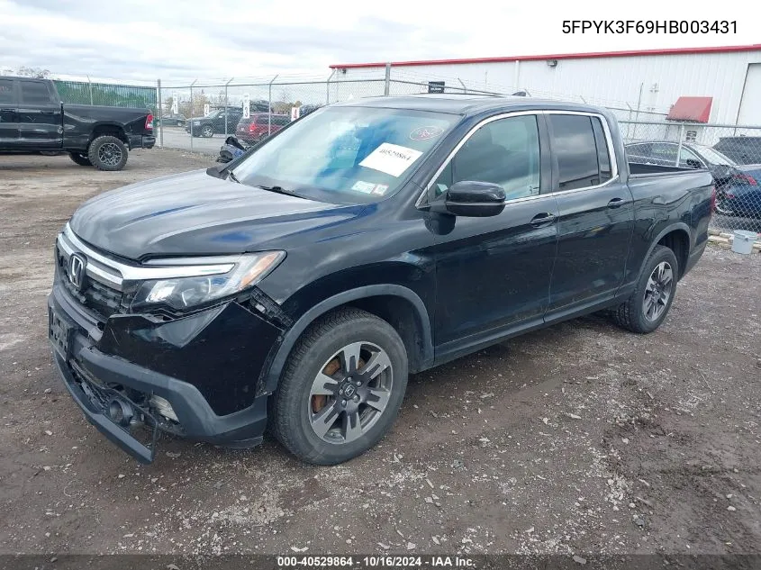 2017 Honda Ridgeline Rtl-T VIN: 5FPYK3F69HB003431 Lot: 40529864