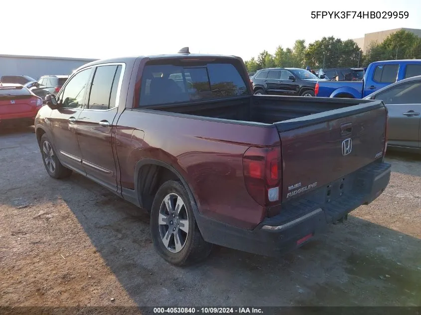 2017 Honda Ridgeline Rtl VIN: 5FPYK3F74HB029959 Lot: 40530840