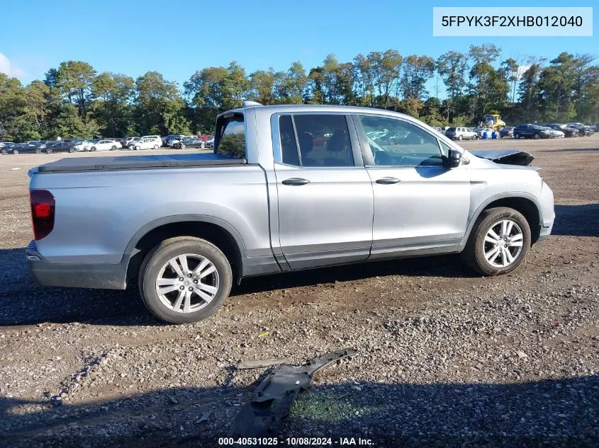 2017 Honda Ridgeline Rt VIN: 5FPYK3F2XHB012040 Lot: 40531025