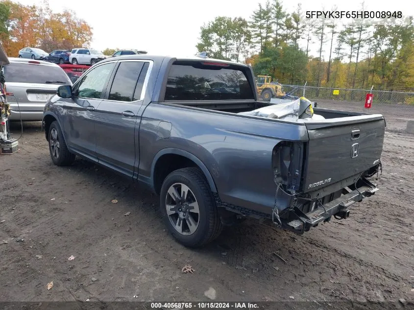 2017 Honda Ridgeline Rtl-T VIN: 5FPYK3F65HB008948 Lot: 40568765