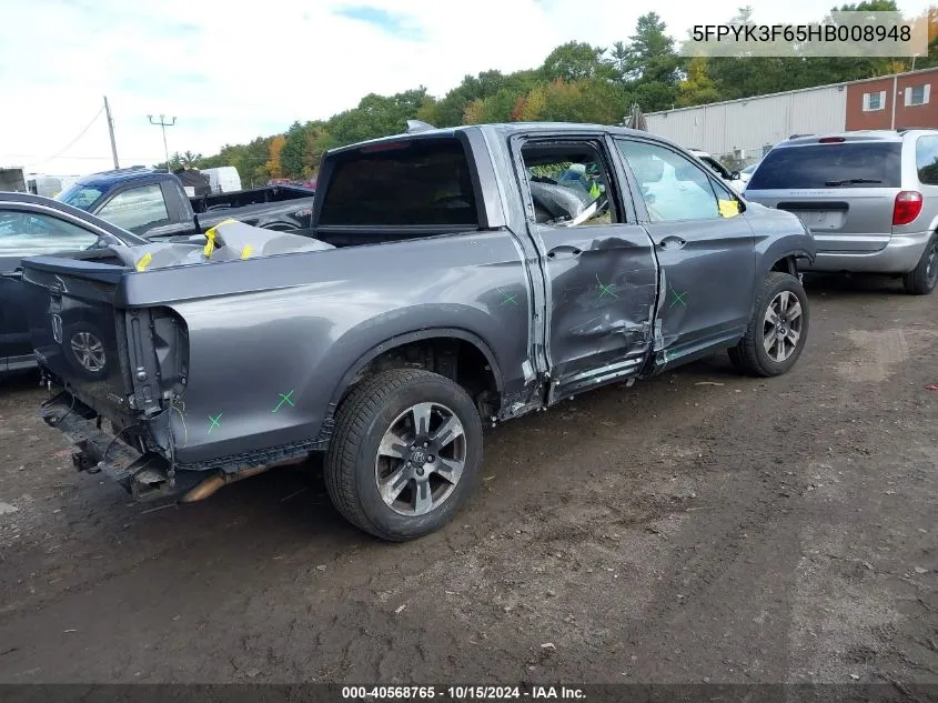 2017 Honda Ridgeline Rtl-T VIN: 5FPYK3F65HB008948 Lot: 40568765