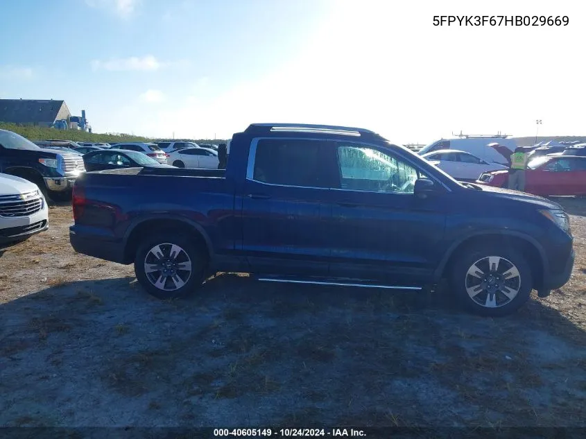 2017 Honda Ridgeline Rtl-T VIN: 5FPYK3F67HB029669 Lot: 40605149