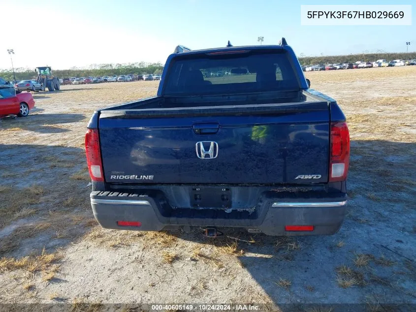 2017 Honda Ridgeline Rtl-T VIN: 5FPYK3F67HB029669 Lot: 40605149