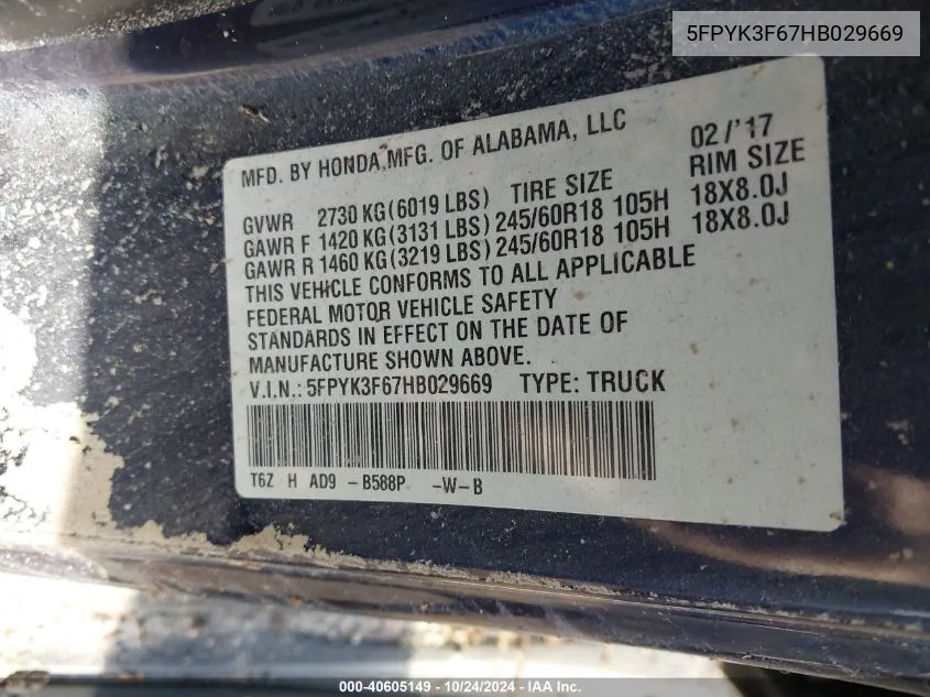 5FPYK3F67HB029669 2017 Honda Ridgeline Rtl-T