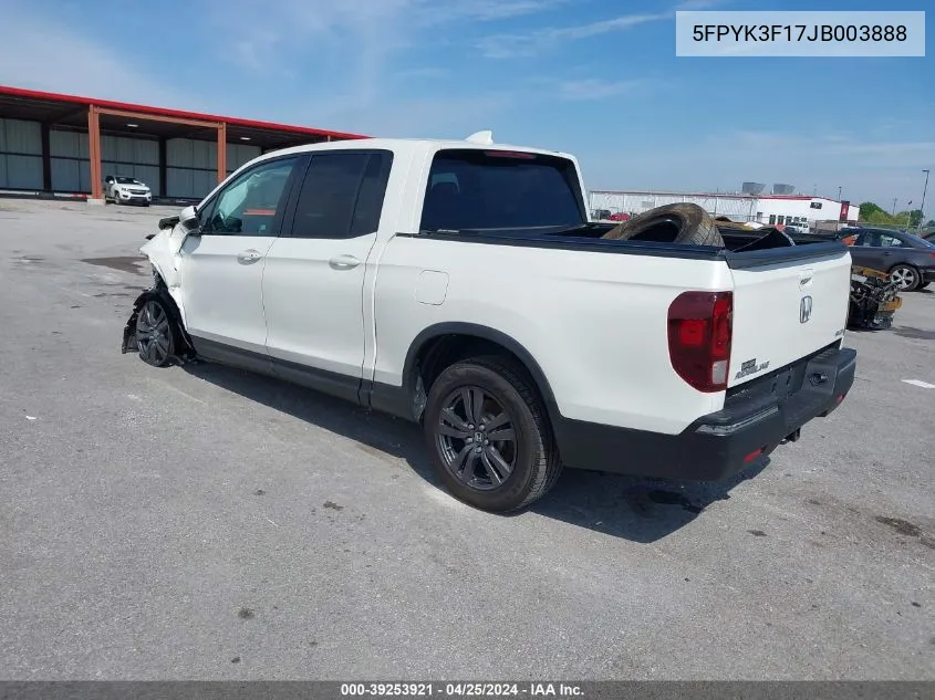 2018 Honda Ridgeline Sport VIN: 5FPYK3F17JB003888 Lot: 39253921