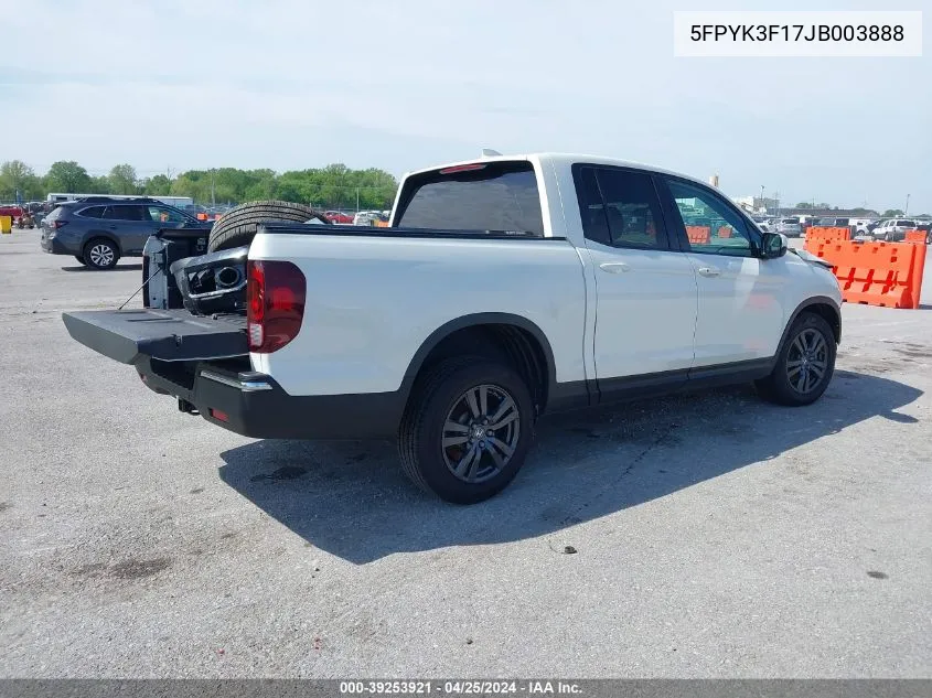 2018 Honda Ridgeline Sport VIN: 5FPYK3F17JB003888 Lot: 39253921