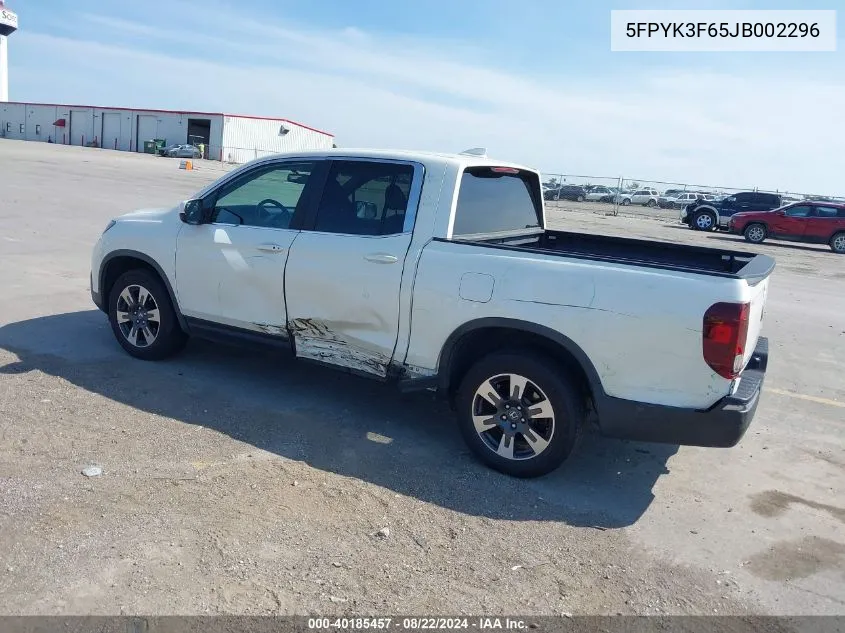 2018 Honda Ridgeline Rtl-T VIN: 5FPYK3F65JB002296 Lot: 40185457