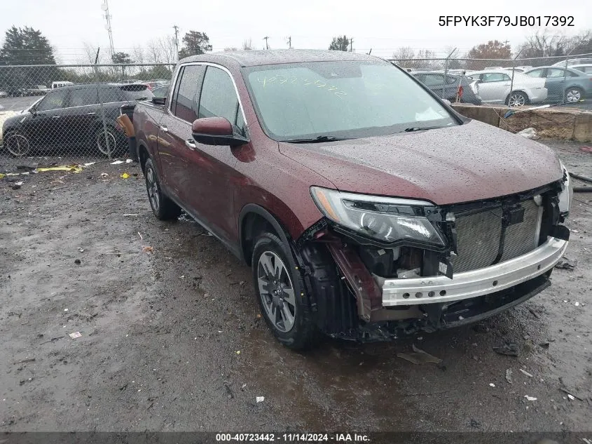 2018 Honda Ridgeline Rtl-E VIN: 5FPYK3F79JB017392 Lot: 40723442