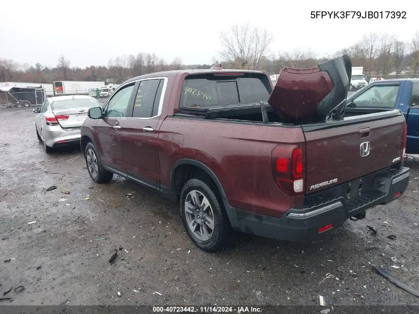 2018 Honda Ridgeline Rtl-E VIN: 5FPYK3F79JB017392 Lot: 40723442