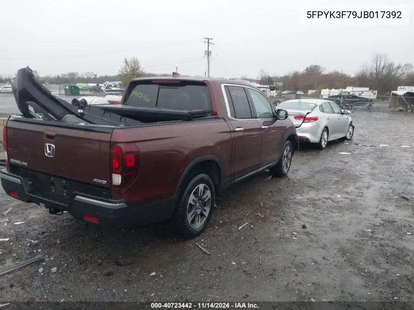 2018 Honda Ridgeline Rtl-E VIN: 5FPYK3F79JB017392 Lot: 40723442