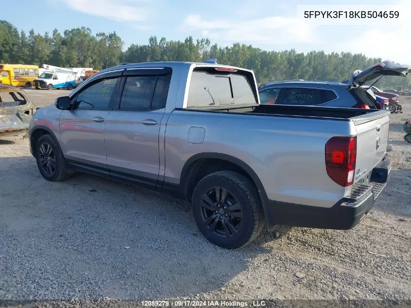 2019 Honda Ridgeline VIN: 5FPYK3F18KB504659 Lot: 12089279