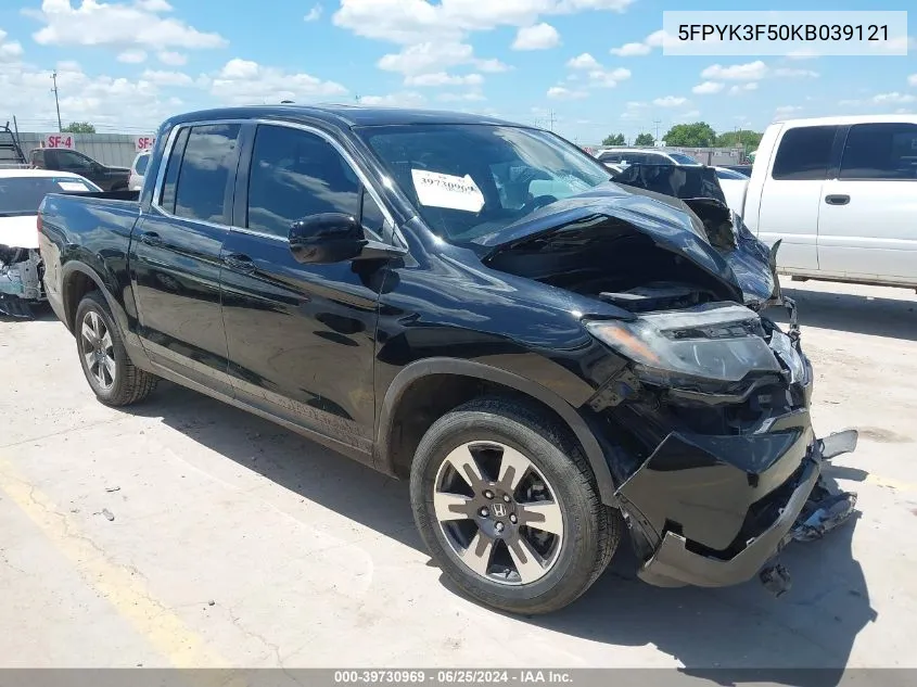 2019 Honda Ridgeline Rtl VIN: 5FPYK3F50KB039121 Lot: 39730969