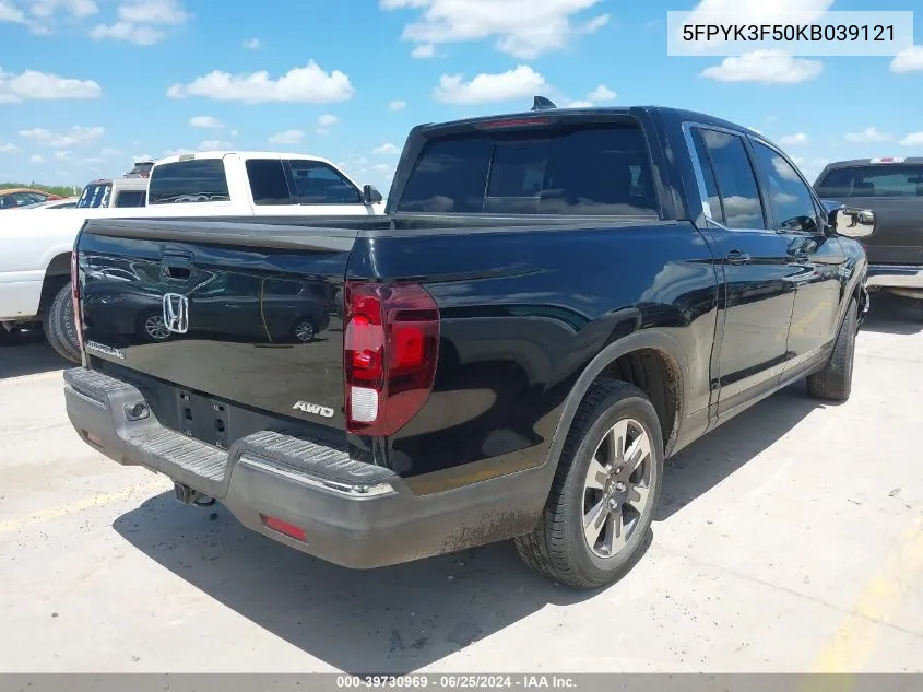 2019 Honda Ridgeline Rtl VIN: 5FPYK3F50KB039121 Lot: 39730969