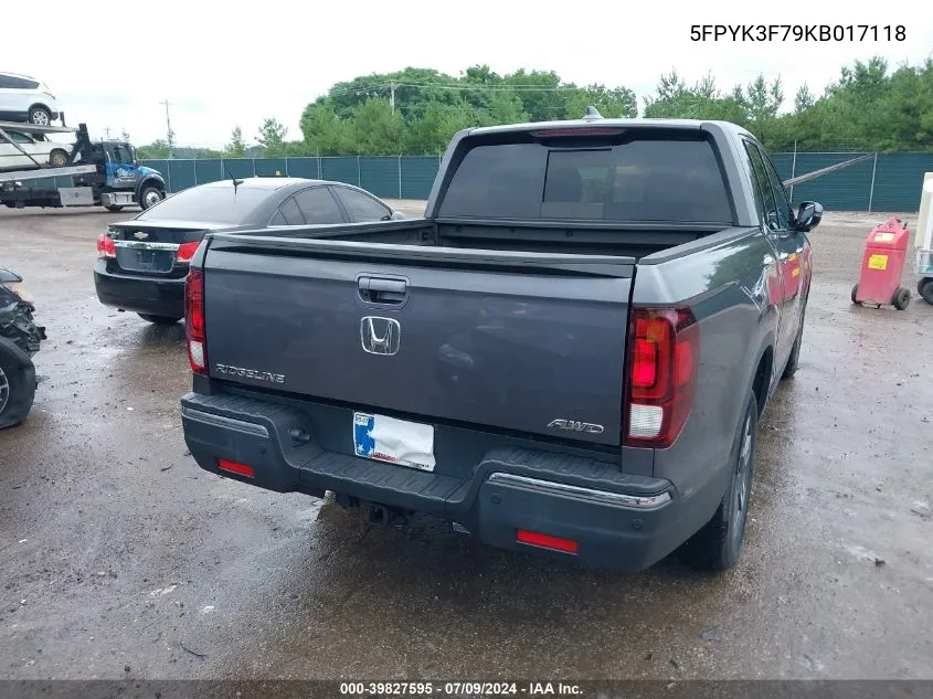 2019 Honda Ridgeline Rtl-E VIN: 5FPYK3F79KB017118 Lot: 39827595