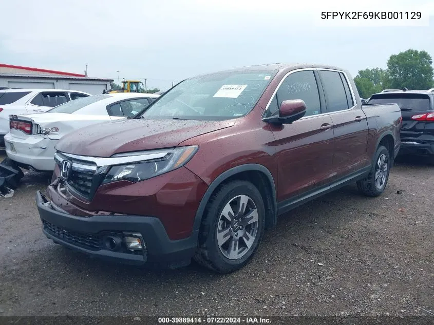 2019 Honda Ridgeline Rtl-T VIN: 5FPYK2F69KB001129 Lot: 39889414