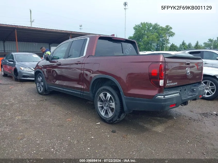 2019 Honda Ridgeline Rtl-T VIN: 5FPYK2F69KB001129 Lot: 39889414