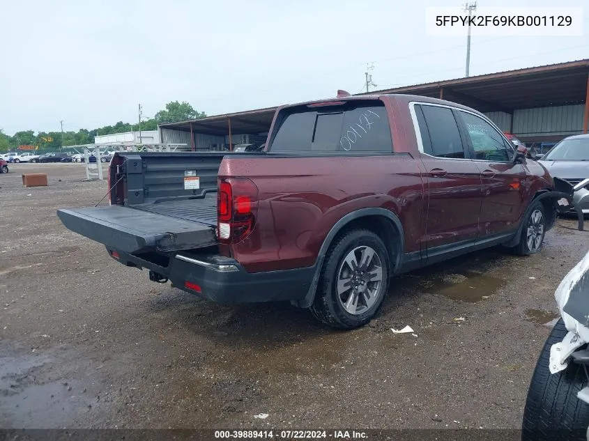 2019 Honda Ridgeline Rtl-T VIN: 5FPYK2F69KB001129 Lot: 39889414