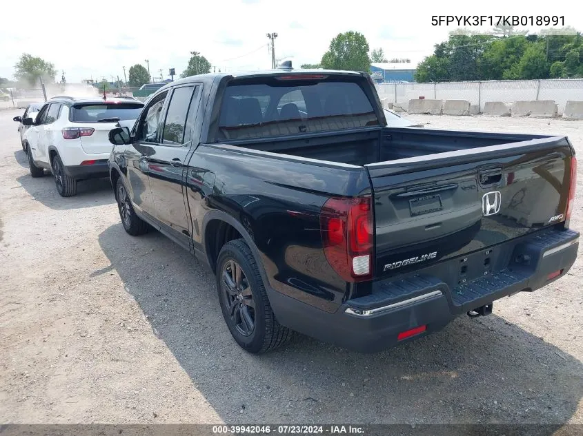 2019 Honda Ridgeline Sport VIN: 5FPYK3F17KB018991 Lot: 39942046