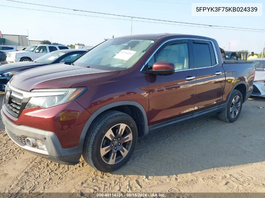 2019 Honda Ridgeline Rtl VIN: 5FPYK3F75KB024339 Lot: 40114331