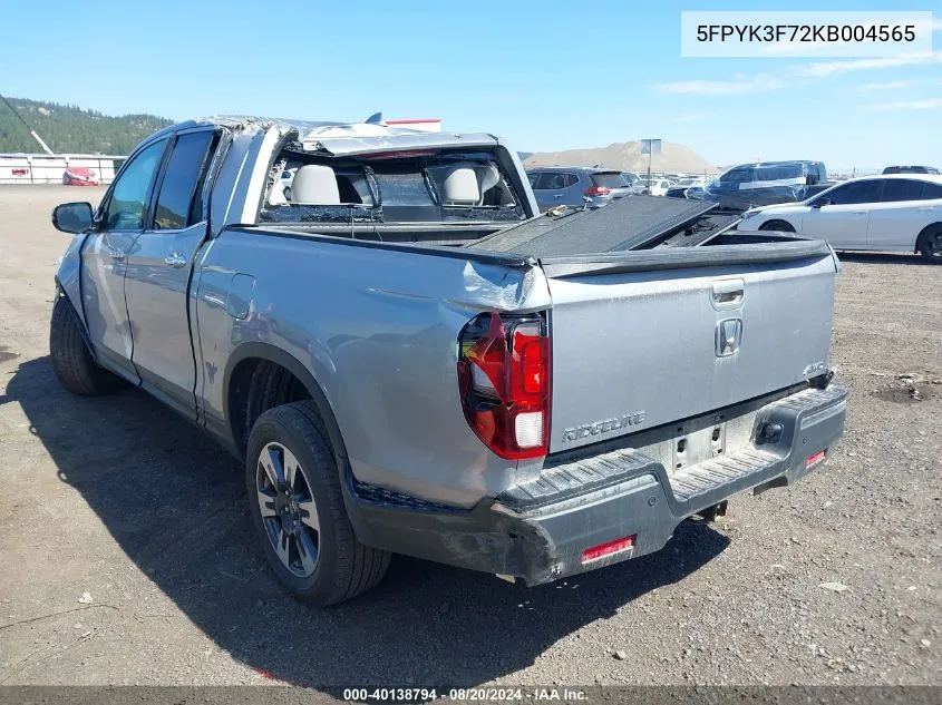 2019 Honda Ridgeline Rtl-E VIN: 5FPYK3F72KB004565 Lot: 40138794