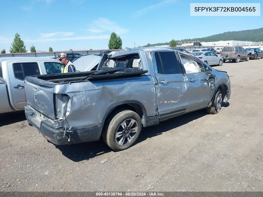 2019 Honda Ridgeline Rtl-E VIN: 5FPYK3F72KB004565 Lot: 40138794