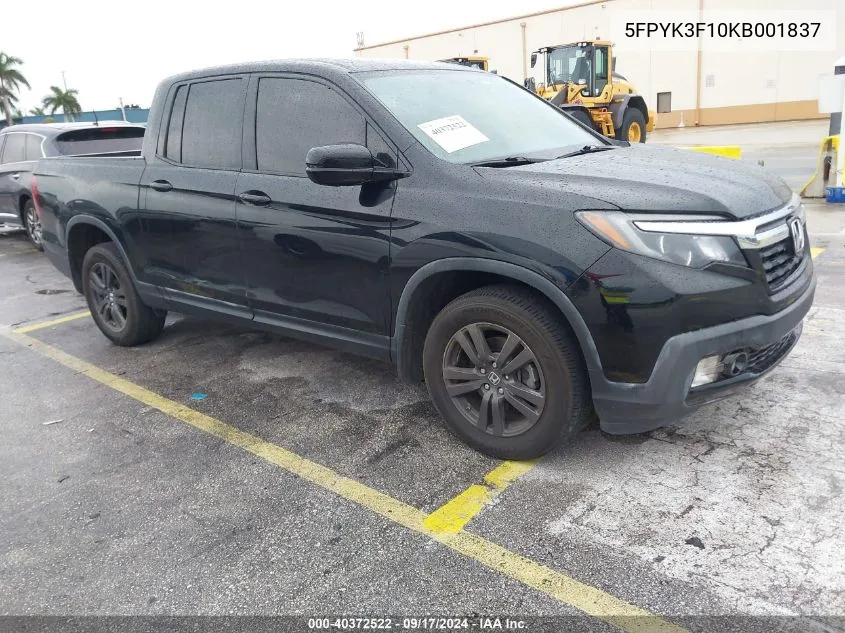 2019 Honda Ridgeline Sport VIN: 5FPYK3F10KB001837 Lot: 40372522