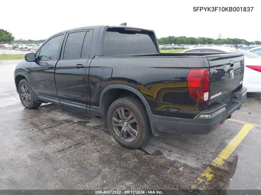 2019 Honda Ridgeline Sport VIN: 5FPYK3F10KB001837 Lot: 40372522