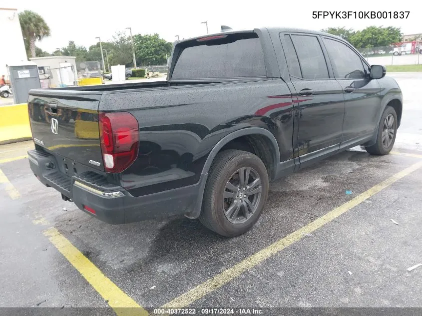 2019 Honda Ridgeline Sport VIN: 5FPYK3F10KB001837 Lot: 40372522