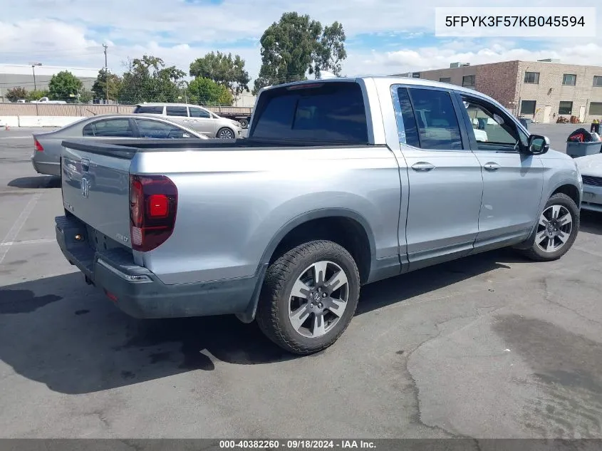 2019 Honda Ridgeline Rtl VIN: 5FPYK3F57KB045594 Lot: 40382260