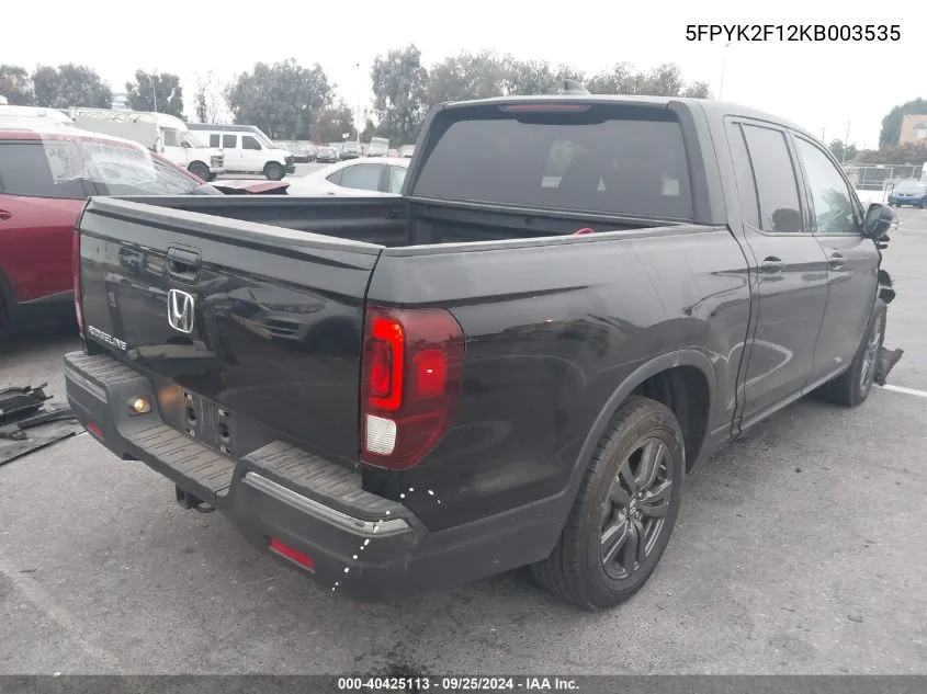 2019 Honda Ridgeline Sport VIN: 5FPYK2F12KB003535 Lot: 40425113