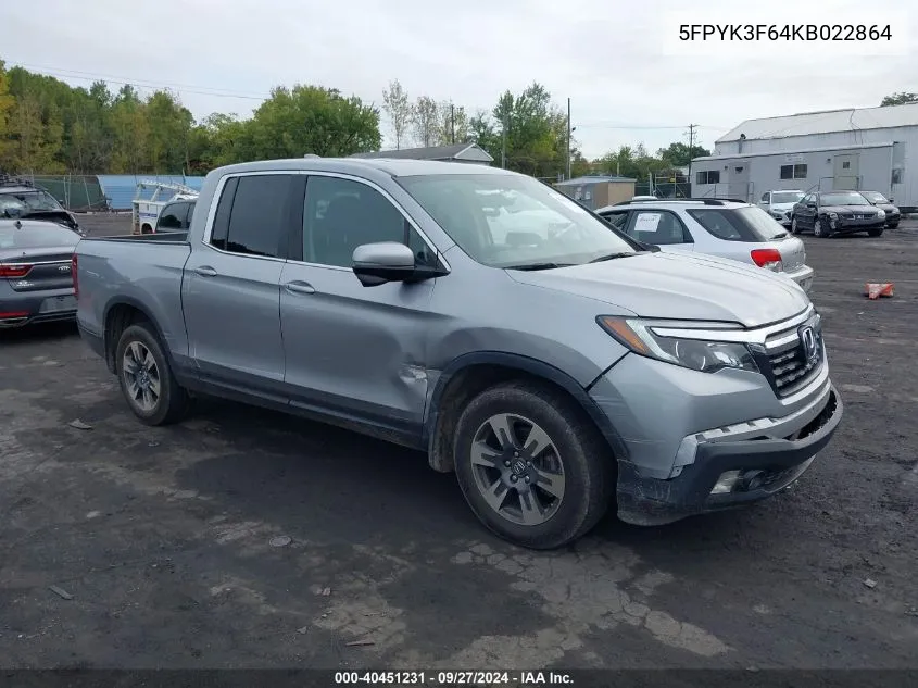 2019 Honda Ridgeline Rtl-T VIN: 5FPYK3F64KB022864 Lot: 40451231