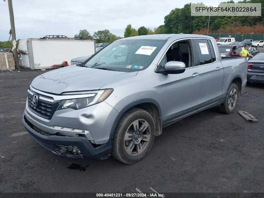 2019 Honda Ridgeline Rtl-T VIN: 5FPYK3F64KB022864 Lot: 40451231