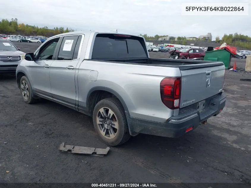 2019 Honda Ridgeline Rtl-T VIN: 5FPYK3F64KB022864 Lot: 40451231