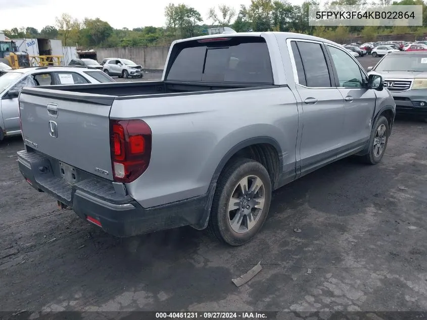 2019 Honda Ridgeline Rtl-T VIN: 5FPYK3F64KB022864 Lot: 40451231