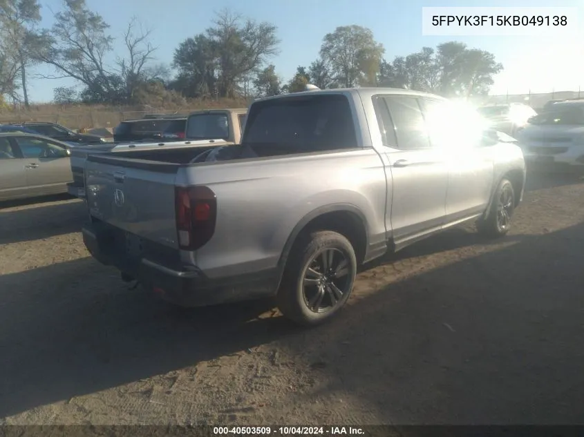 2019 Honda Ridgeline Sport VIN: 5FPYK3F15KB049138 Lot: 40503509