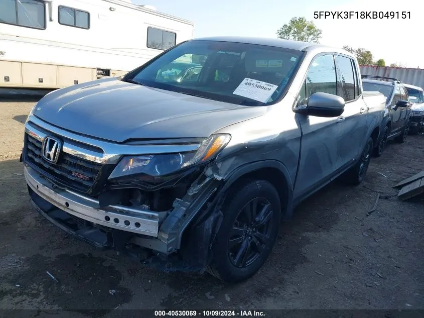 2019 Honda Ridgeline Sport VIN: 5FPYK3F18KB049151 Lot: 40530069