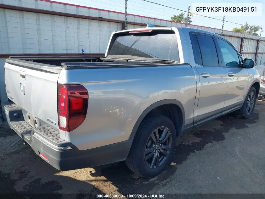 2019 Honda Ridgeline Sport VIN: 5FPYK3F18KB049151 Lot: 40530069