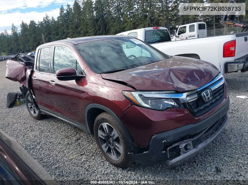 2019 Honda Ridgeline Rtl-E VIN: 5FPYK3F72KB038733 Lot: 40588341