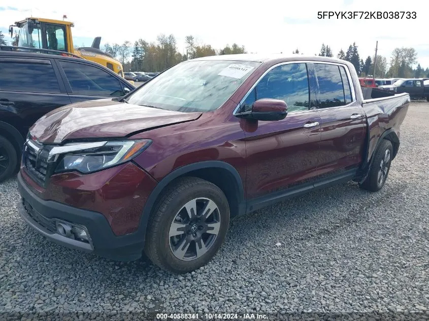 2019 Honda Ridgeline Rtl-E VIN: 5FPYK3F72KB038733 Lot: 40588341