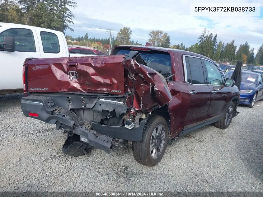 2019 Honda Ridgeline Rtl-E VIN: 5FPYK3F72KB038733 Lot: 40588341