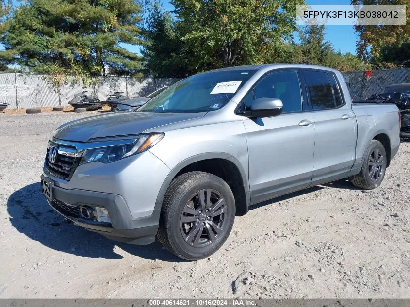 2019 Honda Ridgeline Sport VIN: 5FPYK3F13KB038042 Lot: 40614621