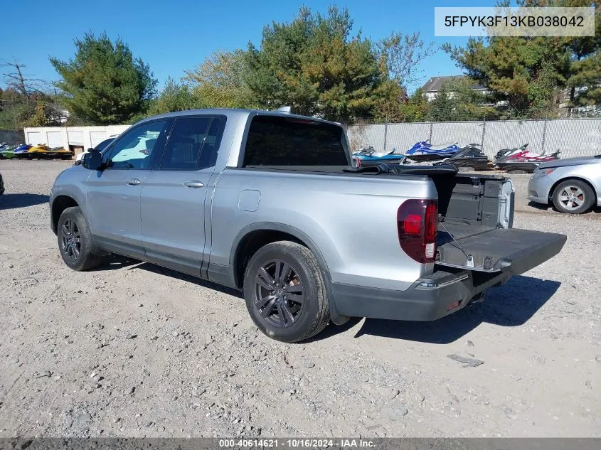 2019 Honda Ridgeline Sport VIN: 5FPYK3F13KB038042 Lot: 40614621