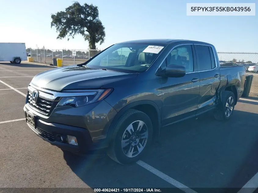 2019 Honda Ridgeline Rtl VIN: 5FPYK3F55KB043956 Lot: 40624421