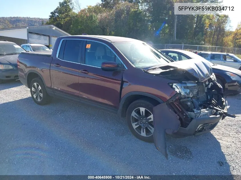 2019 Honda Ridgeline Rtl VIN: 5FPYK3F59KB034712 Lot: 40645908