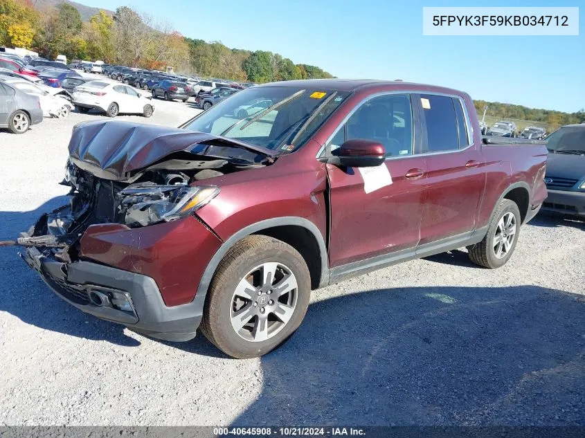 2019 Honda Ridgeline Rtl VIN: 5FPYK3F59KB034712 Lot: 40645908